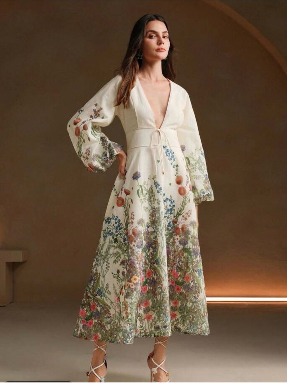 NWT Anewsta Floral Print Long Sleeve Linen-Like Casual Dress, Early Autumn Sz 4